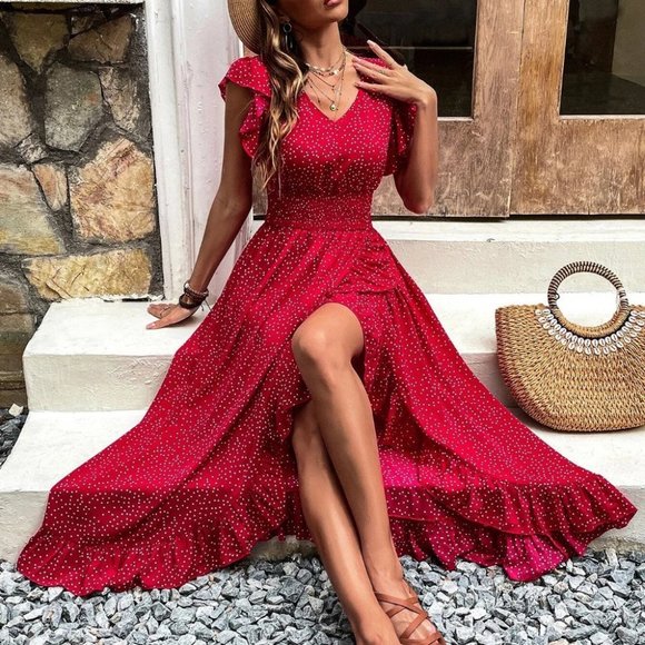 . Dresses & Skirts - RED Boho Polka Dot Butterfly Sleeve Maxi Dress